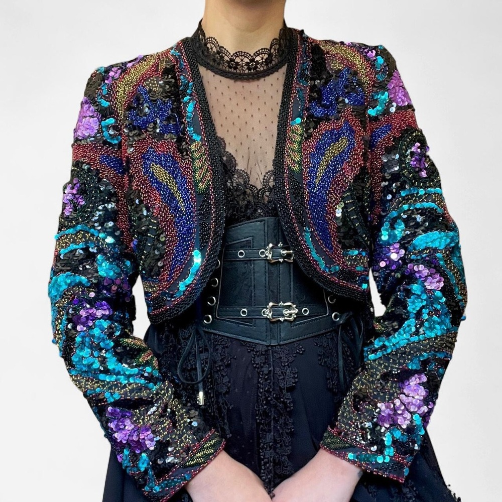 Vintage embellished multicolor statement jacket | sequined and beaded silk - S